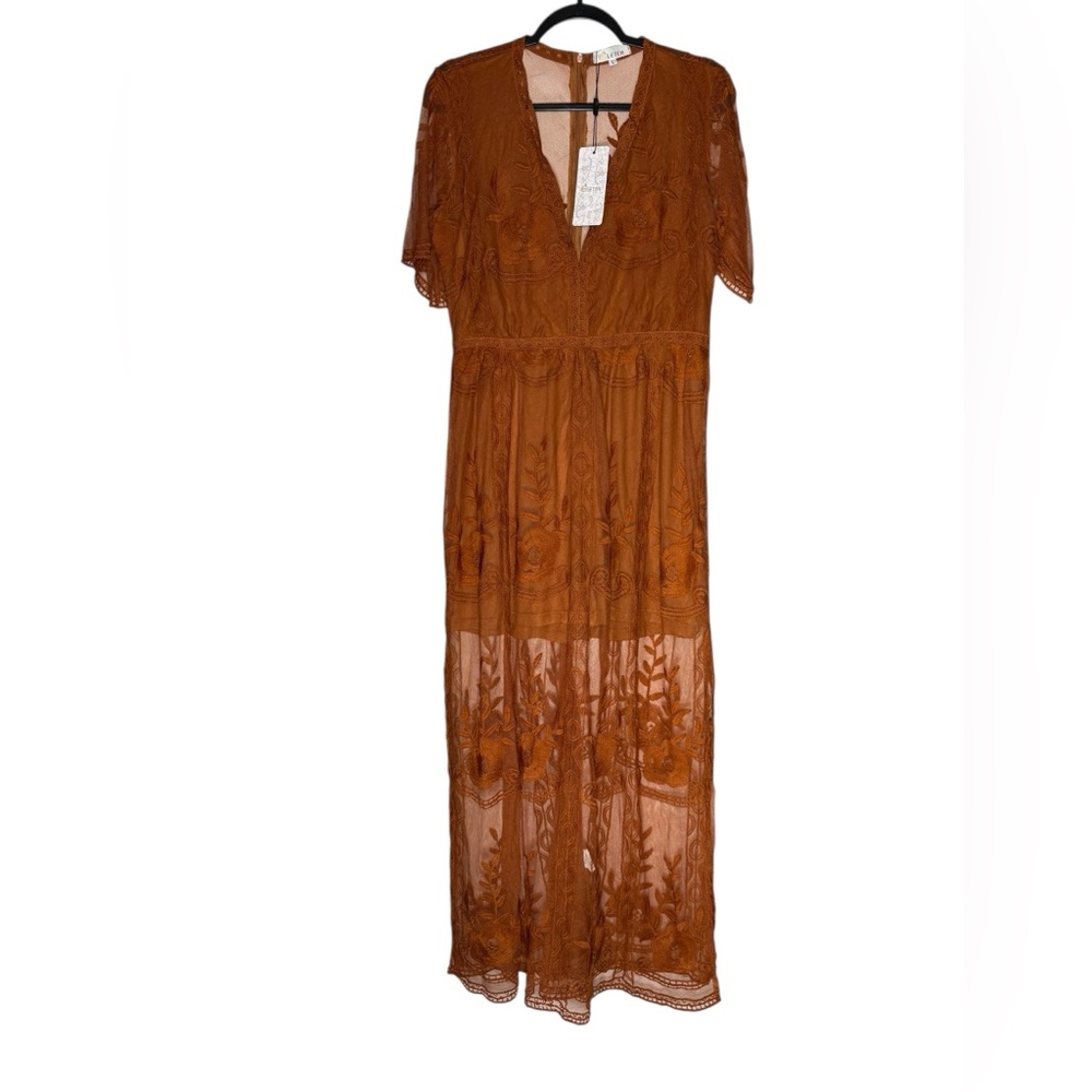 ELETÉR Sz Large Burnt Orange Lace Maxi Romper Dress Boho Floral Embroidered NEW - Picture 1 of 8